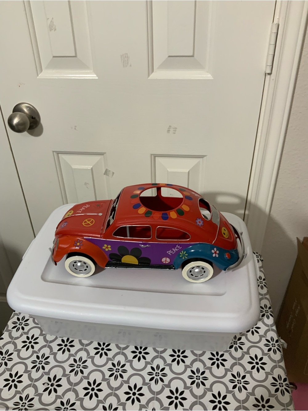 Retro Volkswagen Beetle car tissue box holder with painted designs